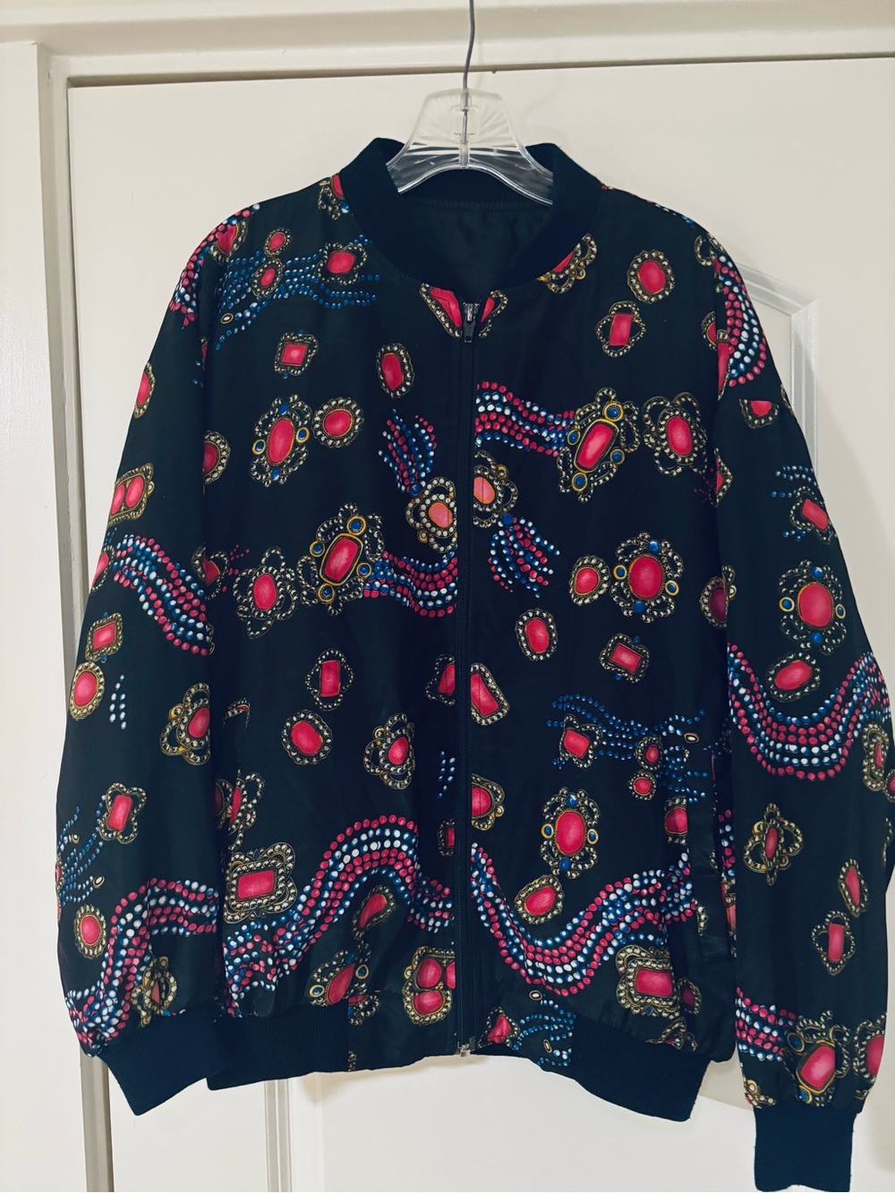 Black Printed with pink accents Bomber Jacket